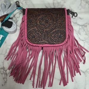 Floral Embossed Leather Pink Fringe Crossbody Bag